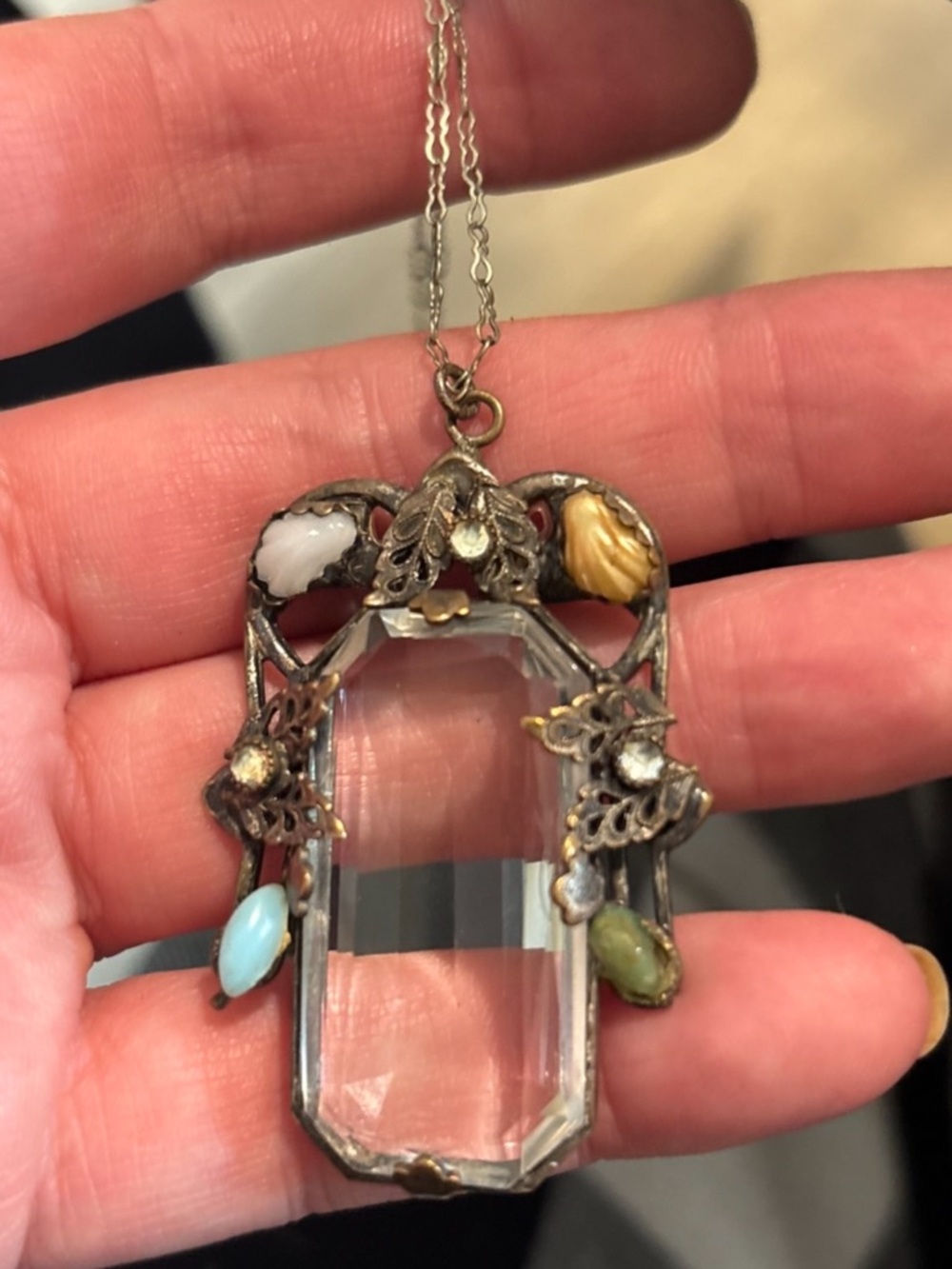 Vintage 1900’s art deco bohemian cabochons crystal rhinestone pendant necklace